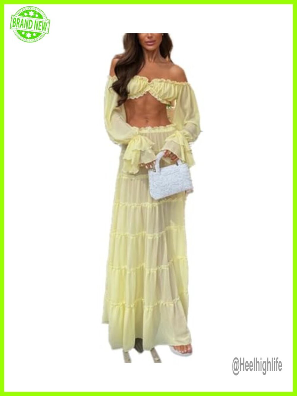 Women's 2 Piece Maxi Skirt Set Off Shoulder Ruffled Crop Top Polyester Summer